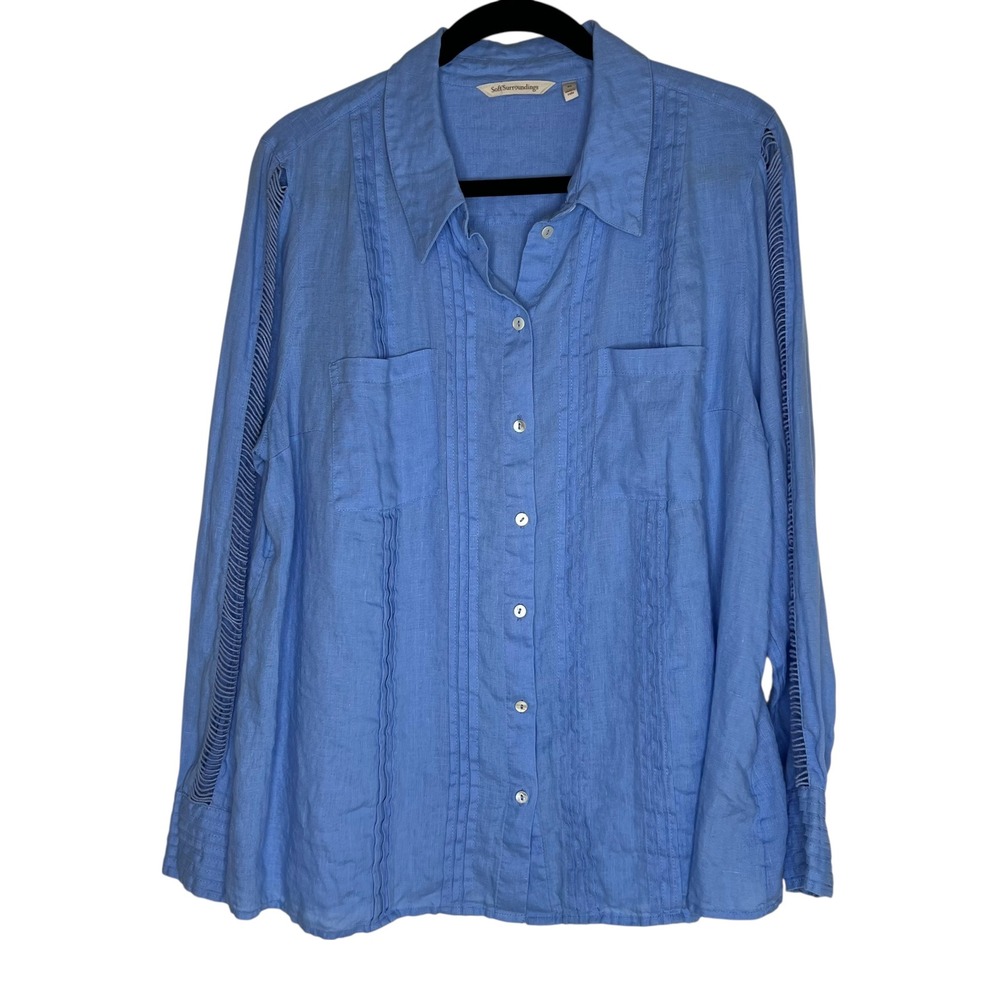Soft Surroundings Periwinkle Blue 100% Linen Pintuck Lace Sleeve Button Shirt XL